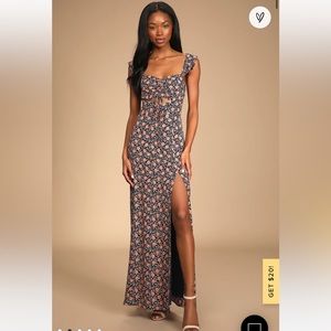 The Way to Love Navy Blue Floral Print Ruffled Maxi Dress